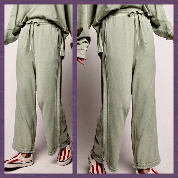 EASEL "So Comfy" Side Seams Scooped Hem Wide Leg Mineral Washed Pants Drawstring - Picture 12 of 16